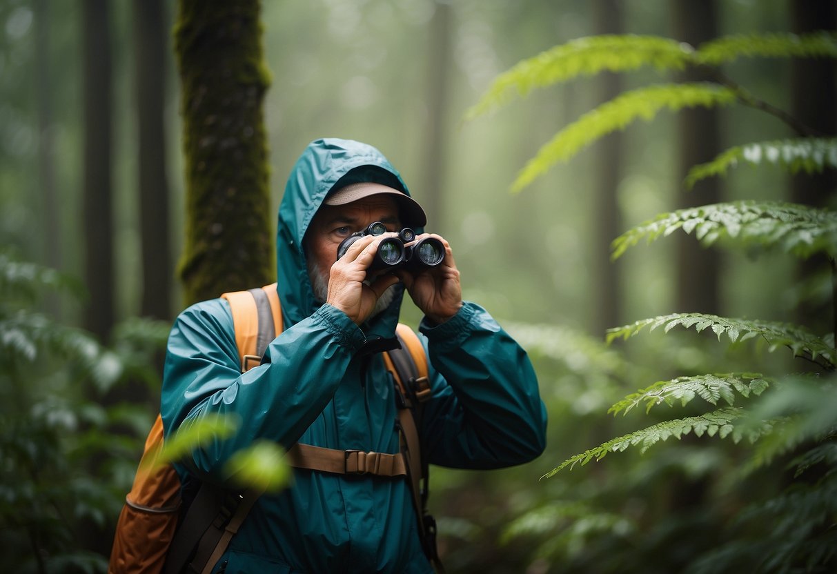 A bird watcher stands in a lush forest, wearing lightweight rain gear as they peer through binoculars at a colorful bird perched on a branch. The rain gear allows them to stay dry and comfortable while observing nature