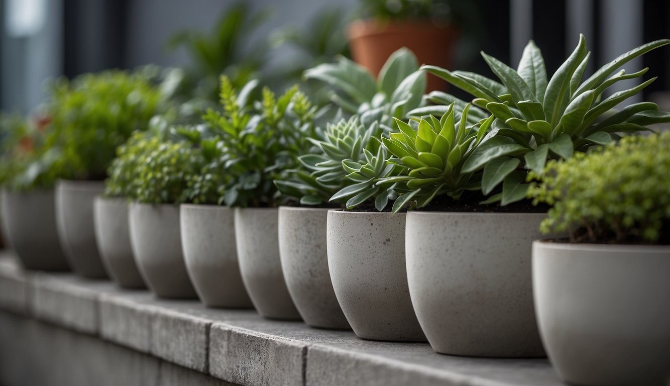Several concrete planter pots arranged in a row, varying in size and shape, with green plants spilling over the edges