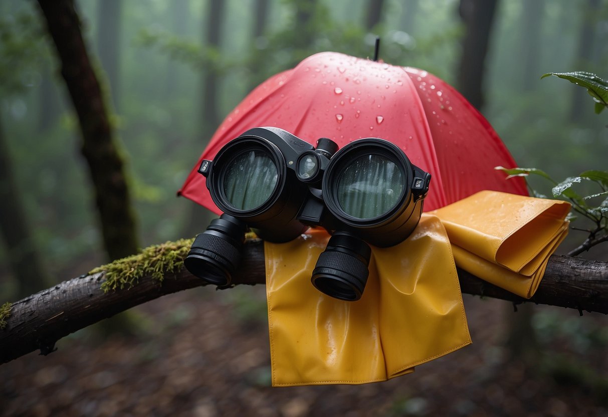 Brightly colored lightweight rain gear hanging on a tree branch, binoculars and a bird guide book nearby. Raindrops falling on the ground