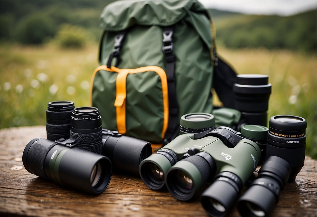 Birdwatching gear laid out: compact binoculars, lightweight waterproof jacket, collapsible umbrella, waterproof backpack, and quick-dry hiking boots