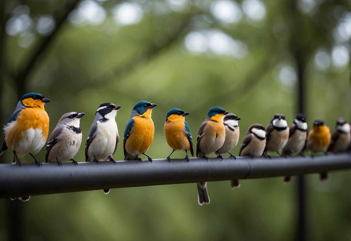 Bird watching packs arranged in a row, with lightweight design features visible. Natural setting with trees and birds in the background