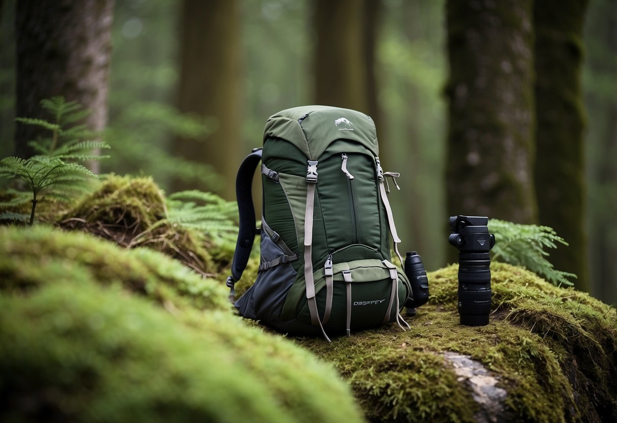 A hiker's backpack, Osprey Talon 22, sits on a rock, binoculars and bird guide peeking out, surrounded by a lush forest