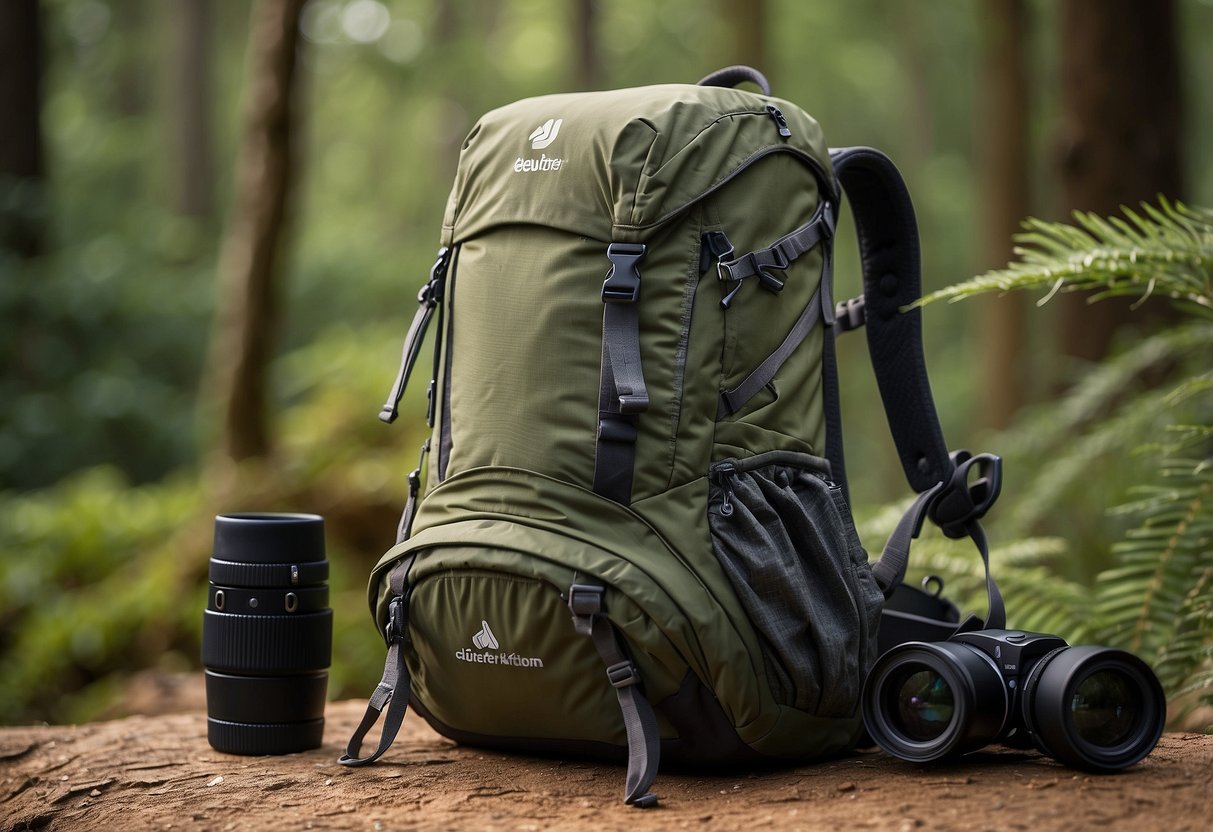 A hiker's backpack, Deuter Speed Lite 20, sits open with binoculars, field guide, and water bottle, surrounded by trees and birds