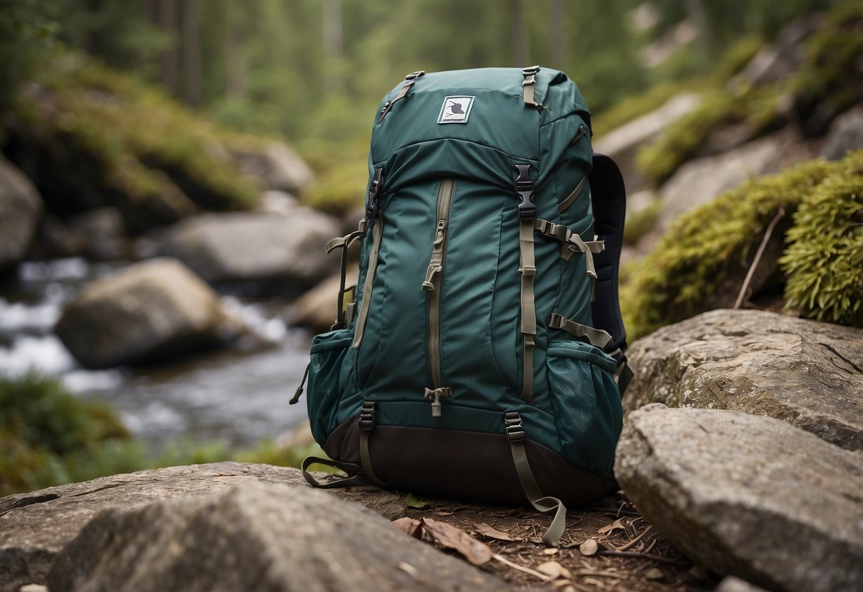 A birdwatching pack sits on a rocky trail, surrounded by trees and birds. The Granite Gear Crown 2 10 logo is visible on the pack