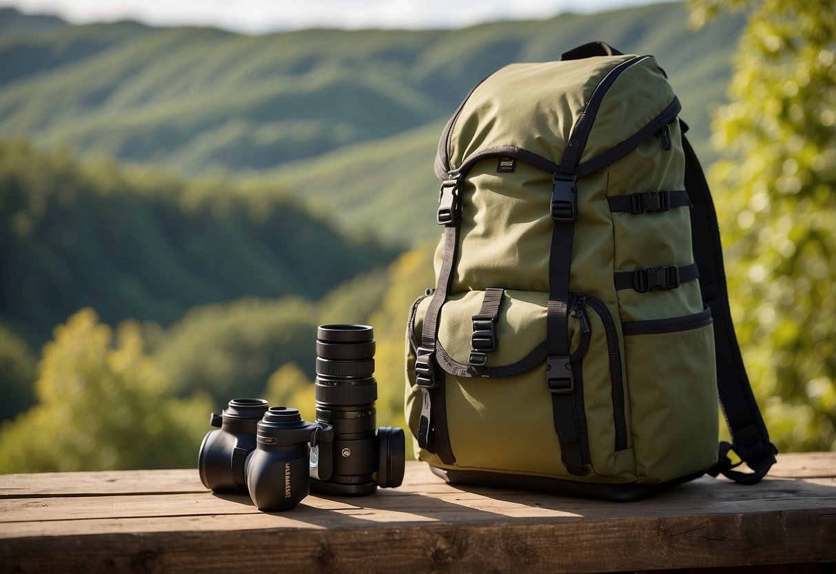 A birdwatcher's backpack, Hyperlite Southwest 2400, with binoculars and field guide, set against a backdrop of a lush, wooded landscape