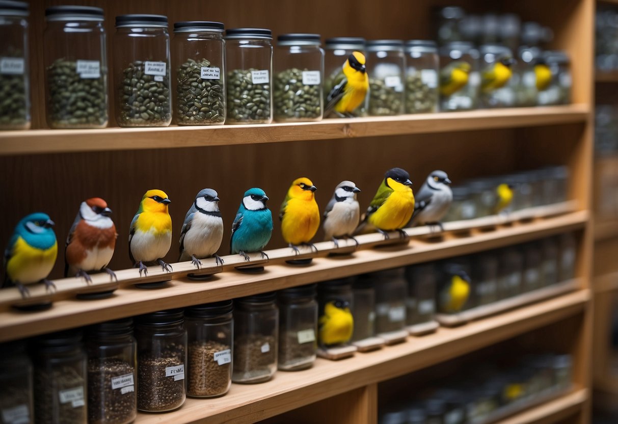 A variety of bird watching packs in different sizes and weights displayed on a shelf, with labels indicating their optimal use for different bird watching needs