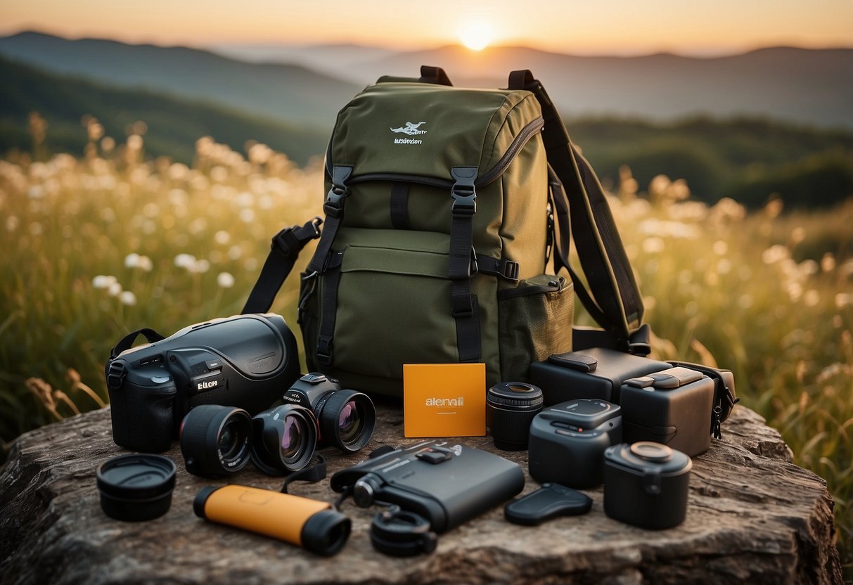 A birdwatcher's pack lies open, showcasing various accessories like binoculars, a field guide, and a lightweight tripod. The pack's design allows for easy access to essentials while on the move