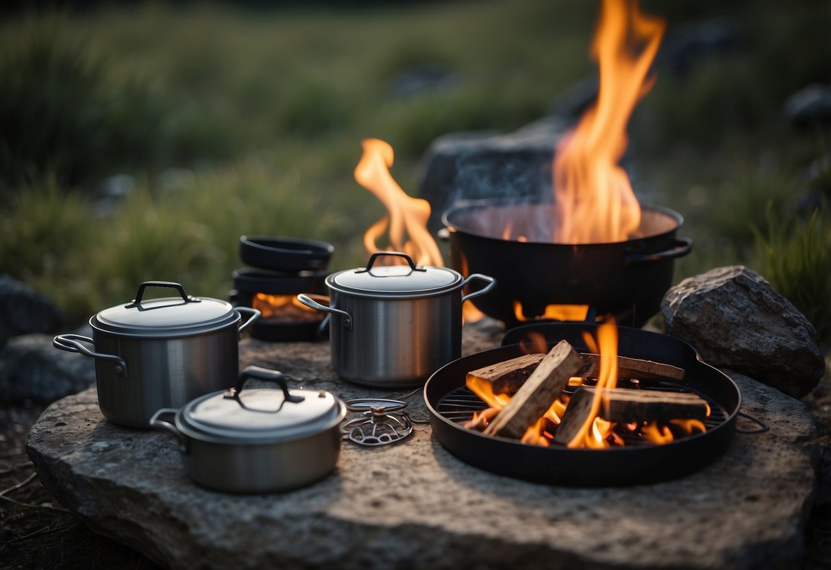 A campfire surrounded by pots and pans, with a backpack and hiking boots nearby. A small portable stove sits on a rock, and a map and compass are laid out on a flat surface