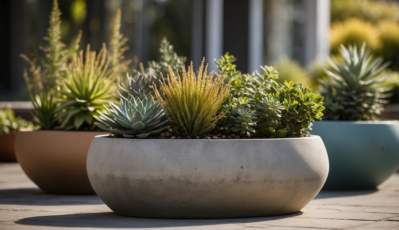 Concrete planter pots arranged in a staggered formation, filled with various plants of different heights and colors, placed on a patio or outdoor space