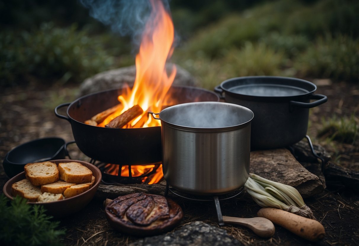 A campfire with a pot of stew simmering, surrounded by multi-use utensils such as a spatula, tongs, and a knife. A backpack and hiking boots are nearby, suggesting a trailside cooking setup