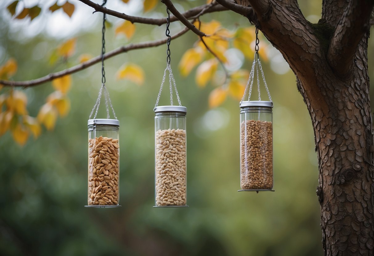 Bird feeders hang from tree branches. Airtight containers hold seeds. Cooler keeps perishables fresh. Mesh bags store fruits. Dry storage for nuts and grains