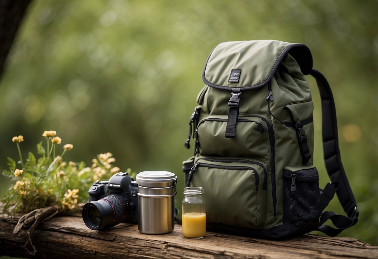 Birdwatching scene: A backpack with Stasher silicone bags filled with food, hanging from a tree branch. Binoculars and a field guide lay nearby