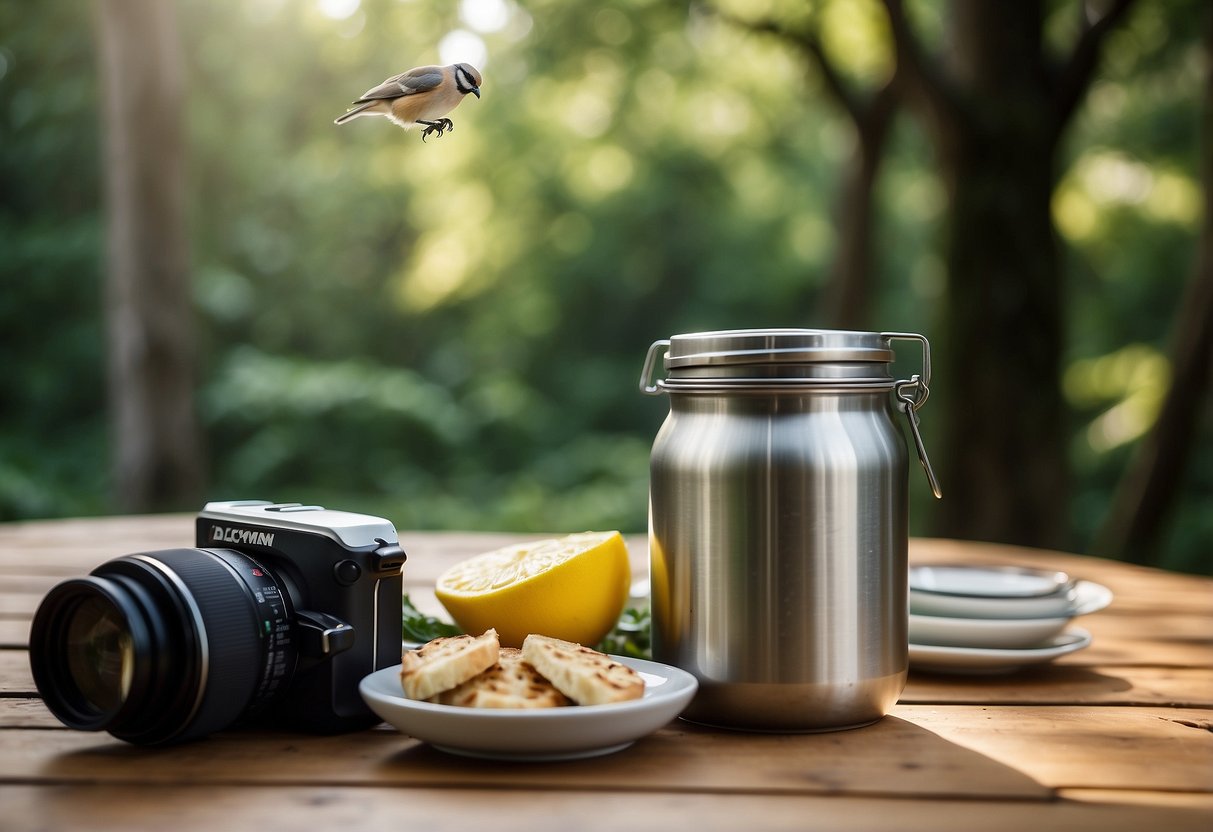 A stainless food jar sits on a picnic table, surrounded by bird watching gear and a lush natural setting