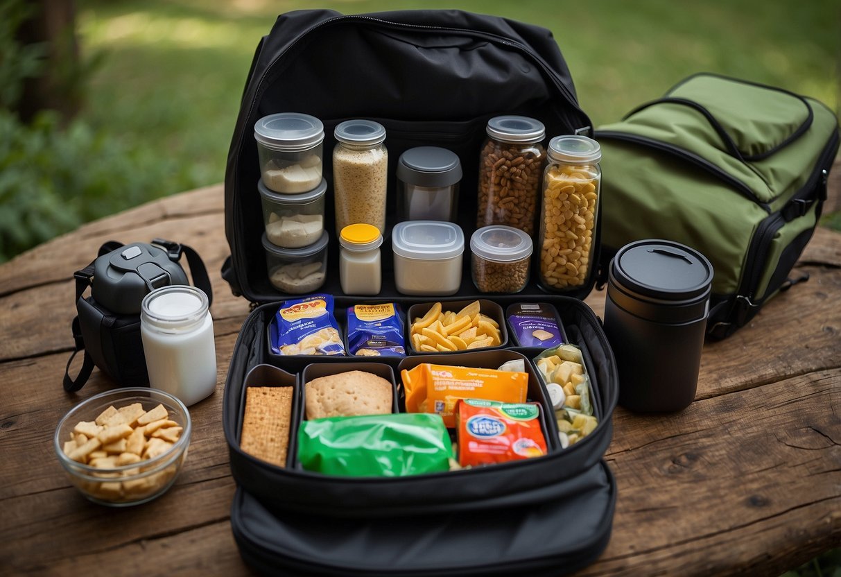 A birdwatcher's backpack open, revealing Oxo Good Grips Pop Containers filled with snacks, neatly organized for easy access while out in nature