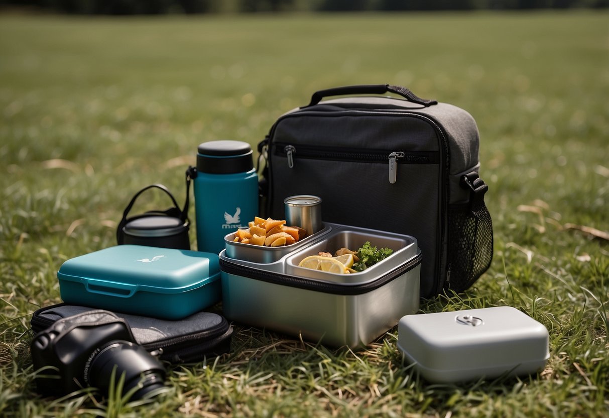 A Hydro Flask lunch box sits open on a grassy field, surrounded by bird watching gear. Inside, neatly packed containers of food are visible, while a small cooler bag is nearby