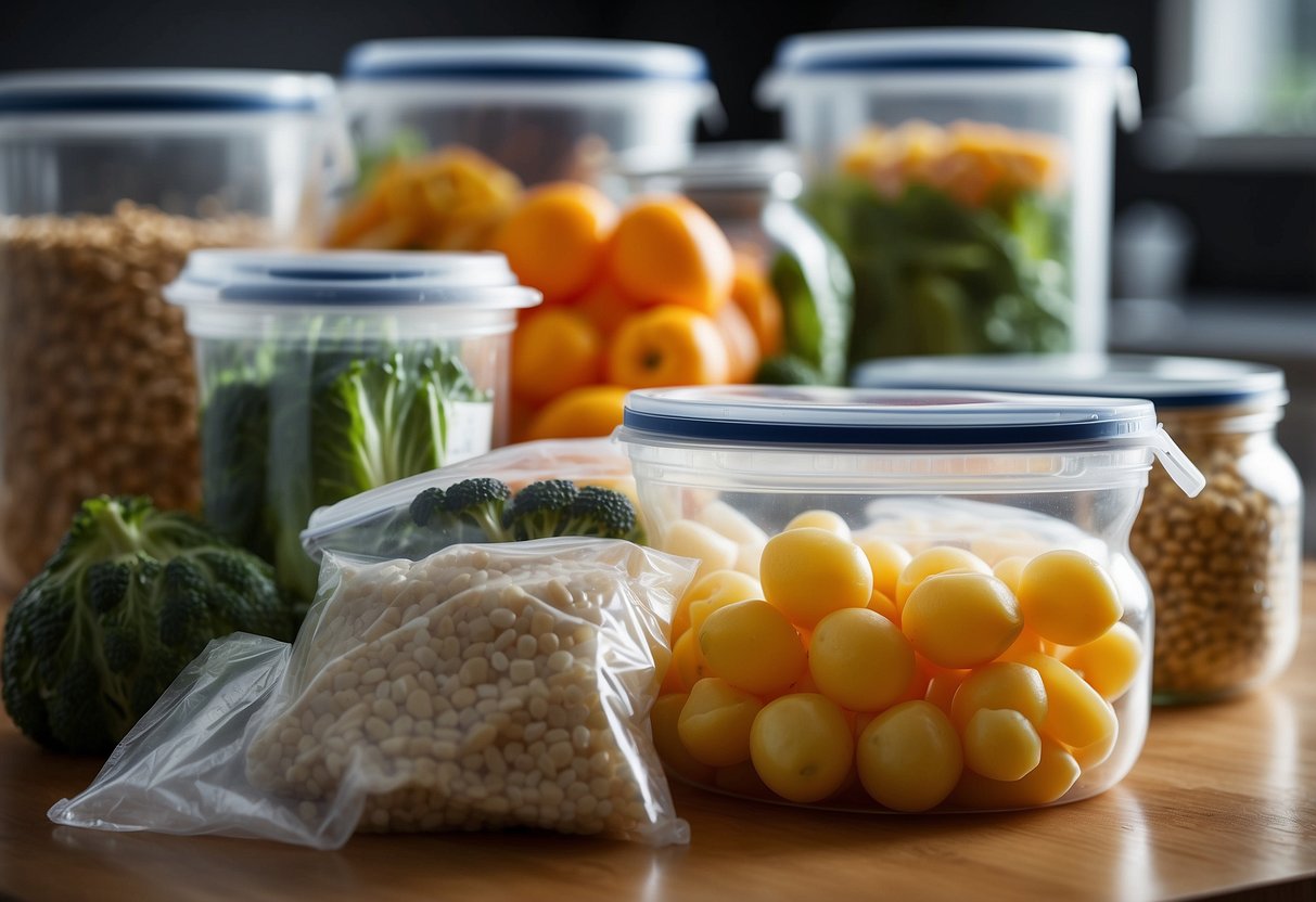 Various food items are stored in airtight containers, wrapped in plastic, placed in insulated bags, and sealed in vacuum bags. A cooler with ice packs sits nearby