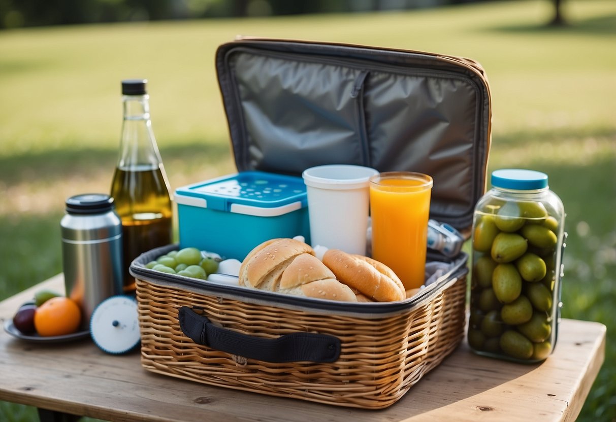 A picnic basket with sealed containers, a cooler with ice packs, a mesh bag for fresh produce, airtight bags for snacks, and a portable food thermometer