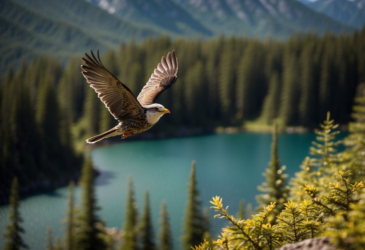 Birds fly over lush forests, serene lakes, and rugged mountains along scenic routes in Canada. The diverse landscapes provide ideal habitats for a wide variety of bird species