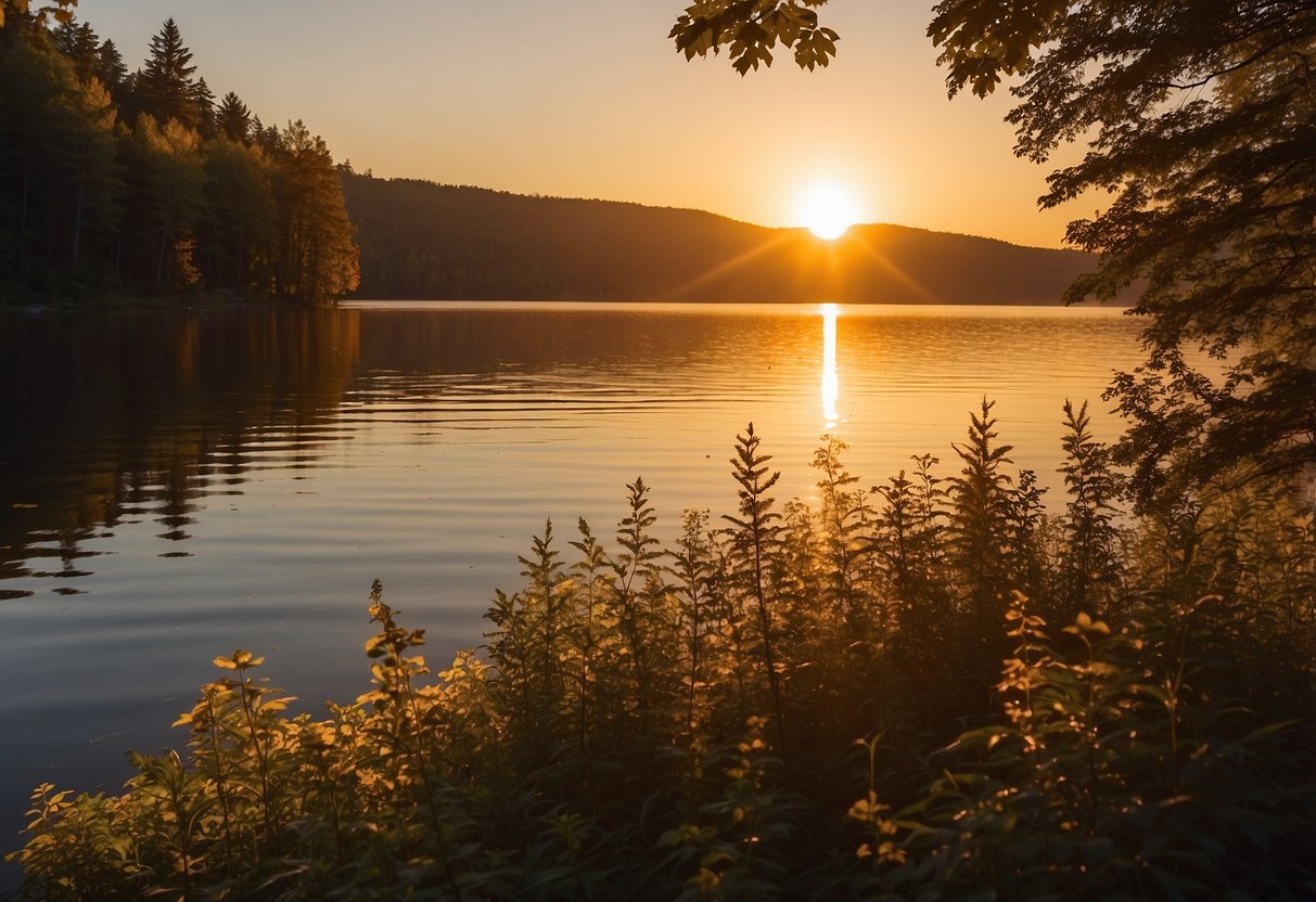 The sun sets over Lac Saint-François, casting a golden glow on the tranquil water. Birds of all shapes and sizes gather on the shore, creating a stunning scene for birdwatchers to enjoy