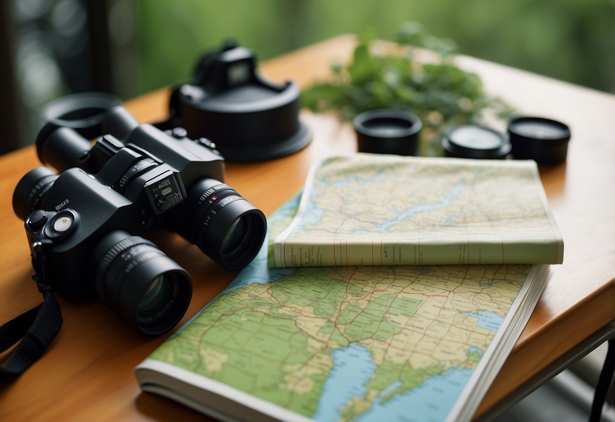 A table with binoculars, bird guidebooks, and a camera. A map of Canada with marked bird watching routes. Lush greenery and diverse bird species in the background