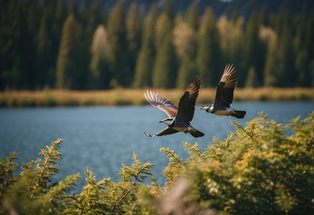 Birds flocking over lush forests, serene lakes, and rolling hills along scenic routes in Canada. Diverse species and vibrant habitats showcase the beauty of conservation efforts