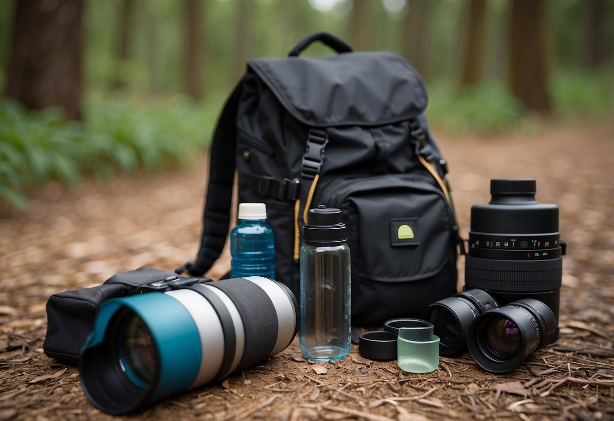 A birdwatcher's backpack open on the ground, with a water bottle, binoculars, and a field guide neatly organized inside. A small trash bag hangs from the side, ready for any waste