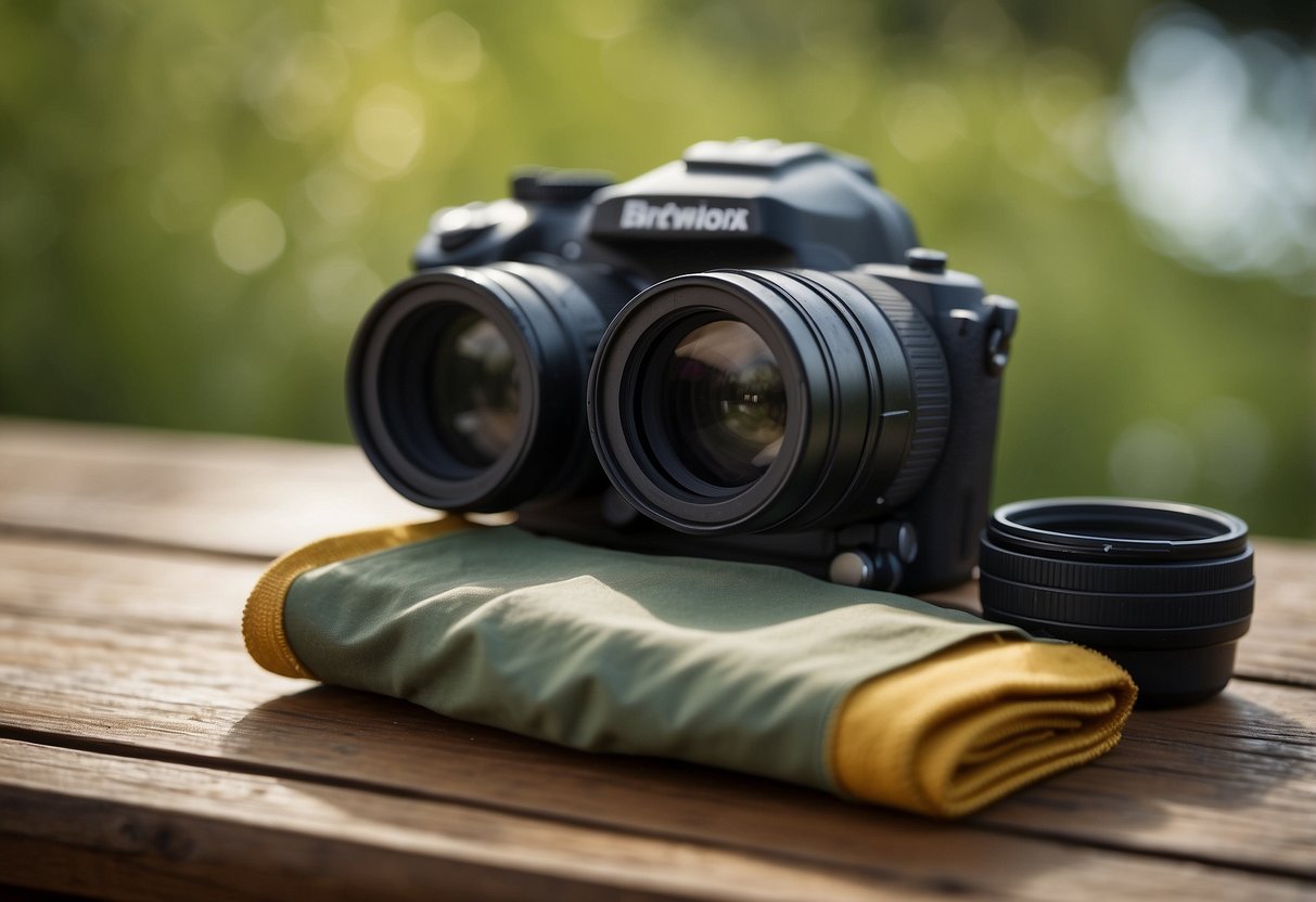 A pack of biodegradable wet wipes sits next to a pair of binoculars and a field guide, ready for use on a bird watching trip