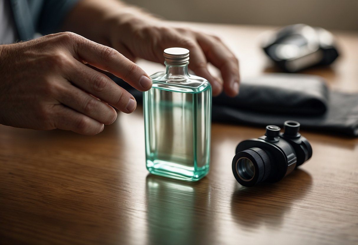 A hand reaches for a bottle of alcohol-based hand sanitizer next to a pair of binoculars and a field guide on a table