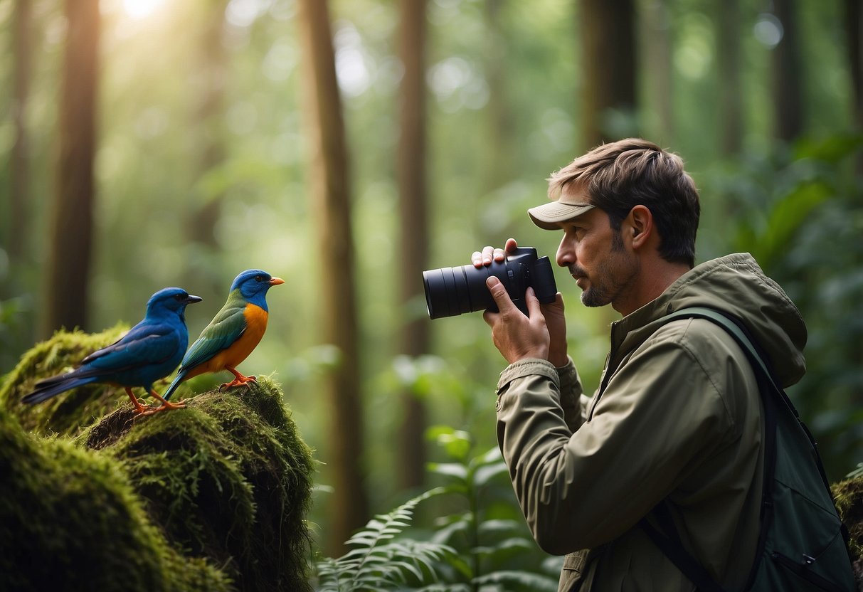 A person wearing moisture-wicking clothing stands in a lush forest, binoculars in hand, observing a variety of colorful birds