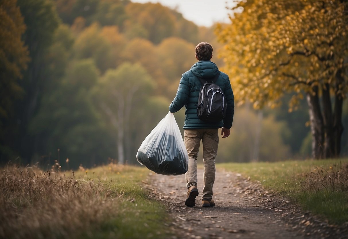 A person carrying a trash bag while bird watching in a clean natural setting