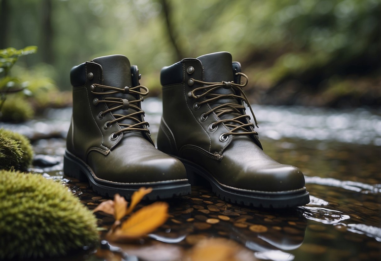 A pair of waterproof shoes surrounded by nature and bird watching gear, with a clean and pristine appearance