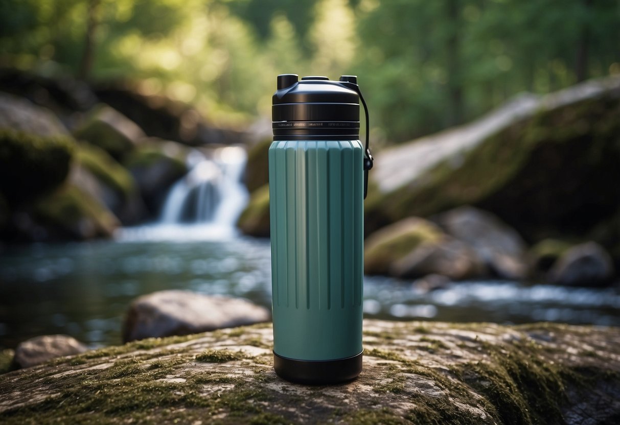 A portable water filter sits on a birdwatching trip, surrounded by clean water sources and a pristine natural environment