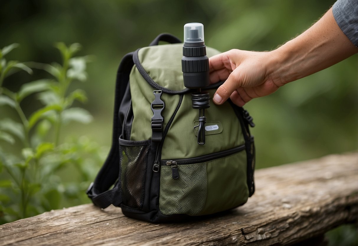 A hand sprays insect repellent on a birdwatcher's backpack. The DEET-based spray repels insects, keeping the gear clean during outdoor excursions