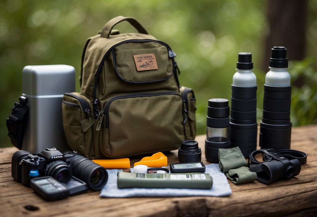 Bird watching gear laid out neatly: binoculars, camera, field guide, and backpack. A small bottle of hand sanitizer and a pack of wet wipes are placed next to the gear