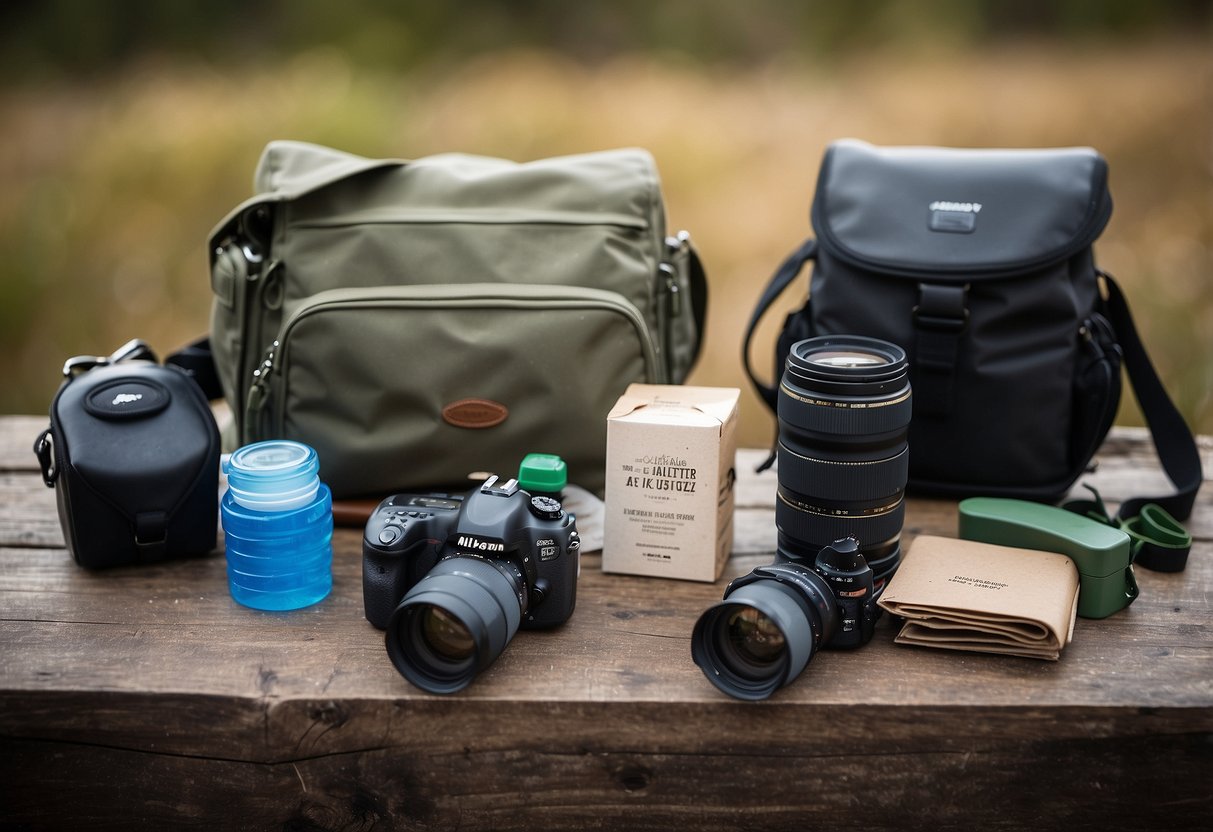 Bird watching gear neatly organized: binoculars, field guide, and camera. Hand sanitizer and wet wipes within easy reach. Trash bag for collecting litter. Clean, dry boots and a hat to protect from the elements