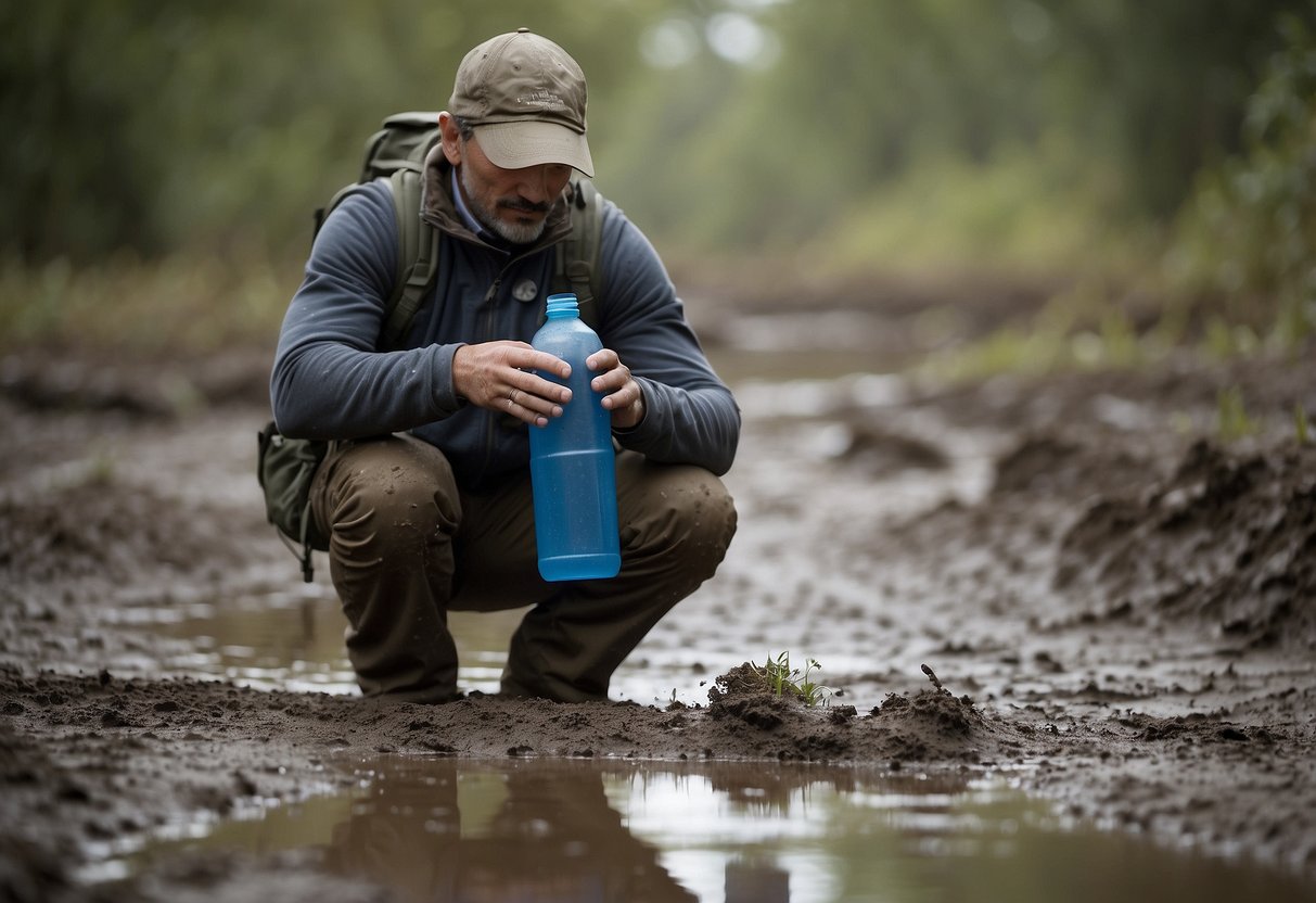 A birdwatcher navigates through muddy terrain, using a reusable water bottle and biodegradable wipes to stay clean and minimize environmental impact