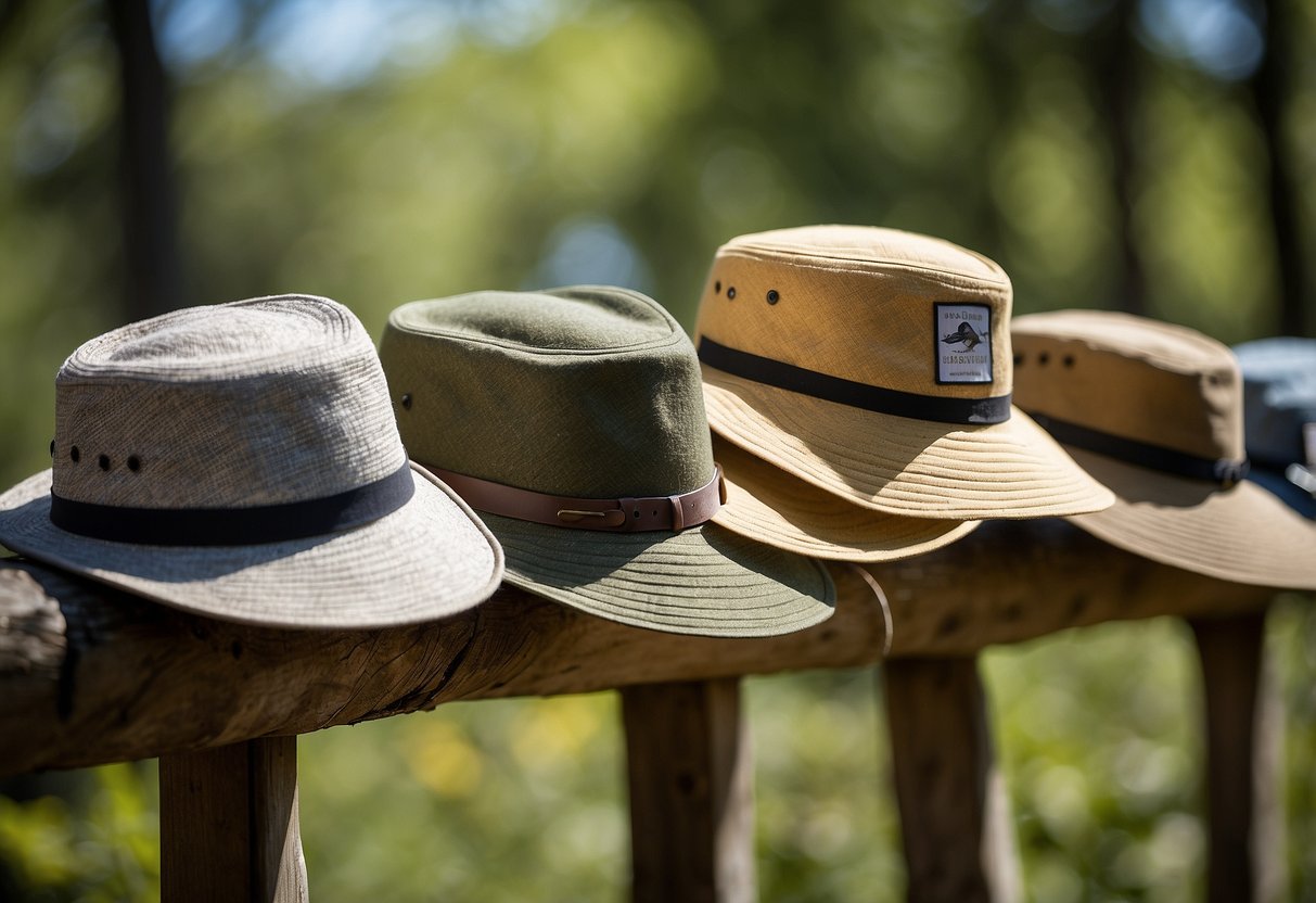 A sunny outdoor scene with 5 different styles of lightweight bird watching hats on display, with trees and birds in the background