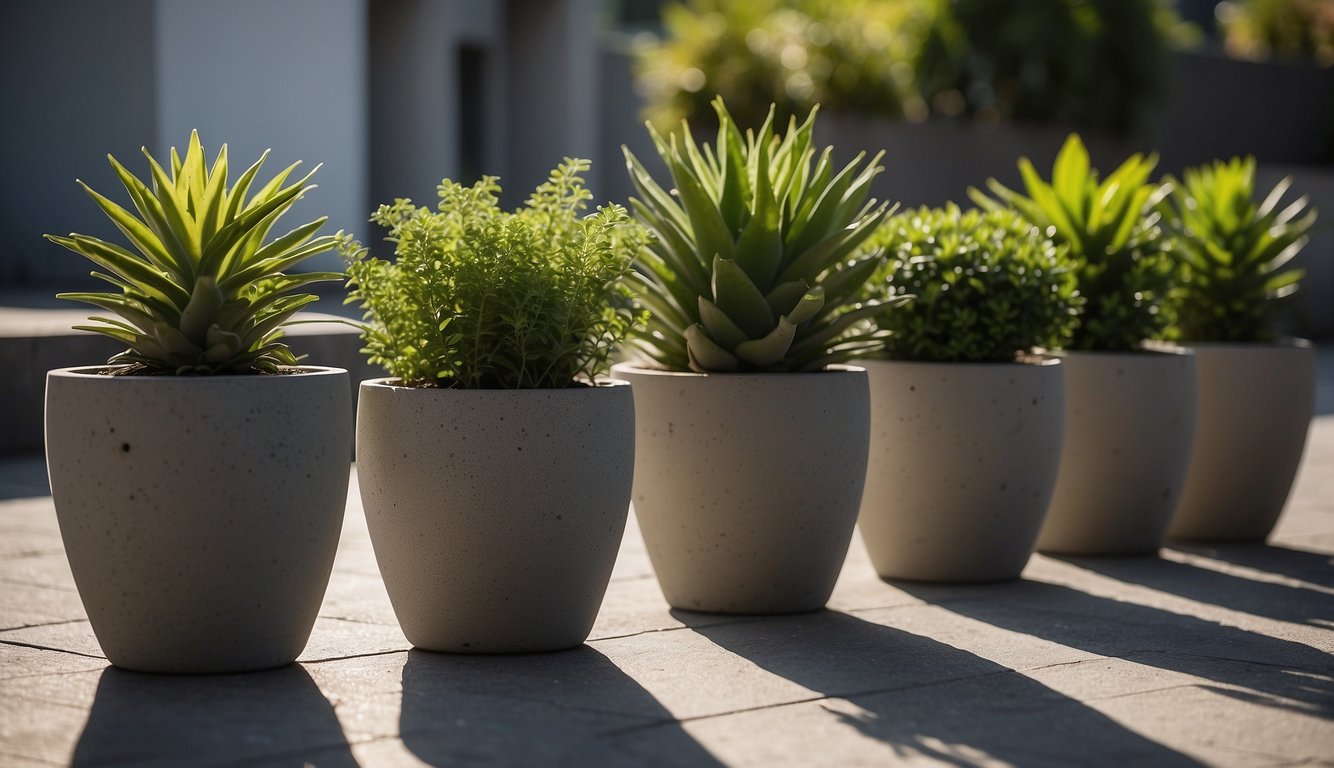 Several outdoor concrete pots arranged in a row, varying in size and shape. Some are filled with green plants, while others are empty