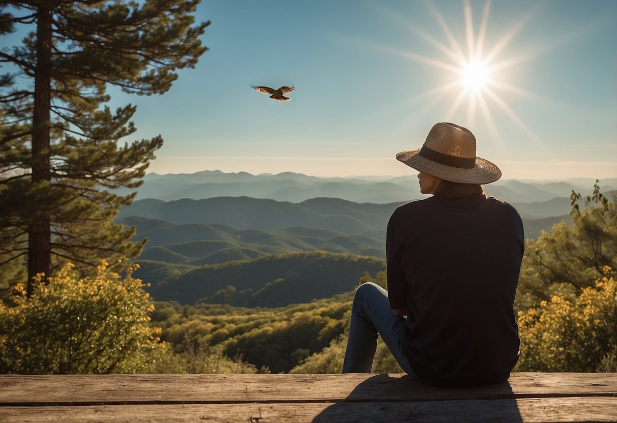 A sunny day with a blue sky, a person wearing the Outdoor Research Helios Sun Hat while bird watching in a peaceful outdoor setting