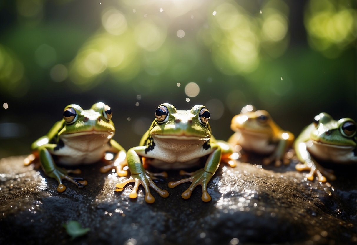 A frog wearing a waterproof boonie hat, surrounded by birds and trees, under the sun