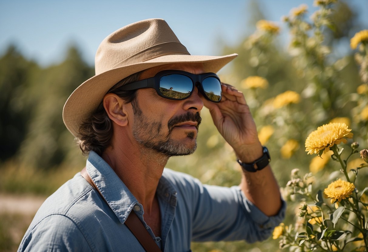 A sunny day with a clear blue sky, a birdwatcher wearing a lightweight hat with a wide brim, shielding their eyes from the sun while observing birds in their natural habitat