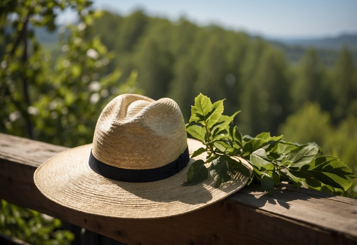 Bright sun, clear sky, green trees. Hats with wide brims, adjustable straps. Comfortable, breathable, lightweight materials. Ideal for bird watching