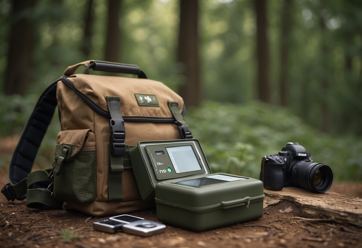 A first aid kit sits on a backpack next to binoculars and a field guide, surrounded by trees and bird sounds