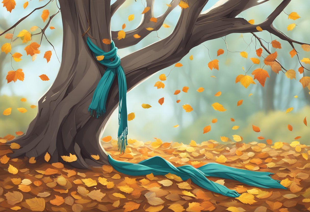 A broken necklace dangles from a tree branch, while a torn scarf lies on the ground. Fallen leaves surround the scene