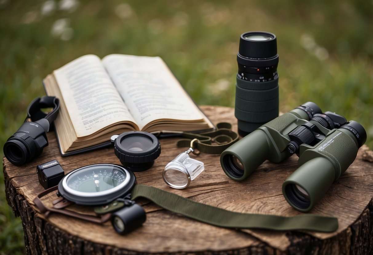 Bird watcher's notebook open to emergency contact numbers, surrounded by binoculars, field guide, and first aid kit