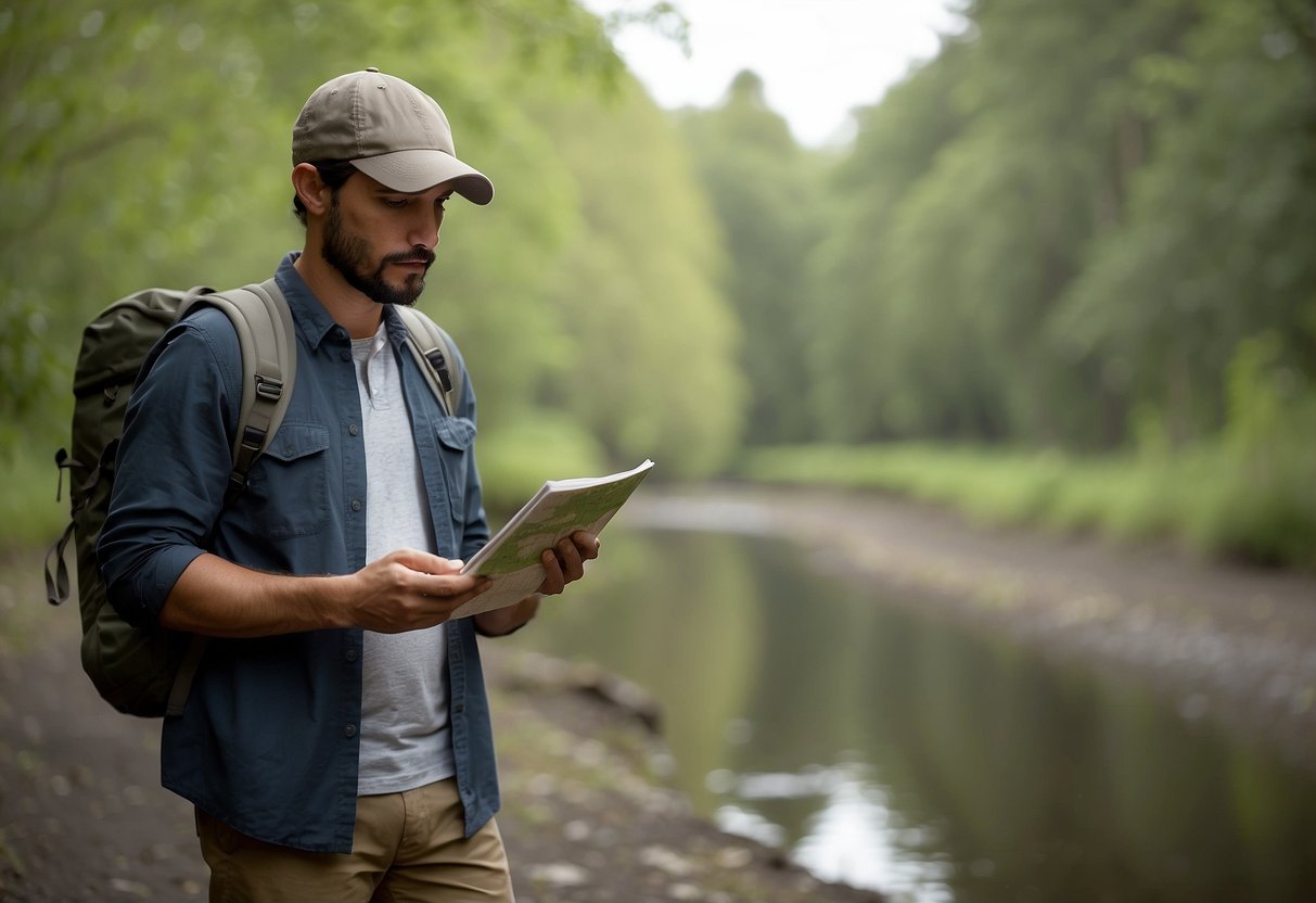 A person holds a GPS or map while observing birds in a natural setting, surrounded by trees and wildlife. The person remains calm and focused, prepared to handle any emergencies that may arise