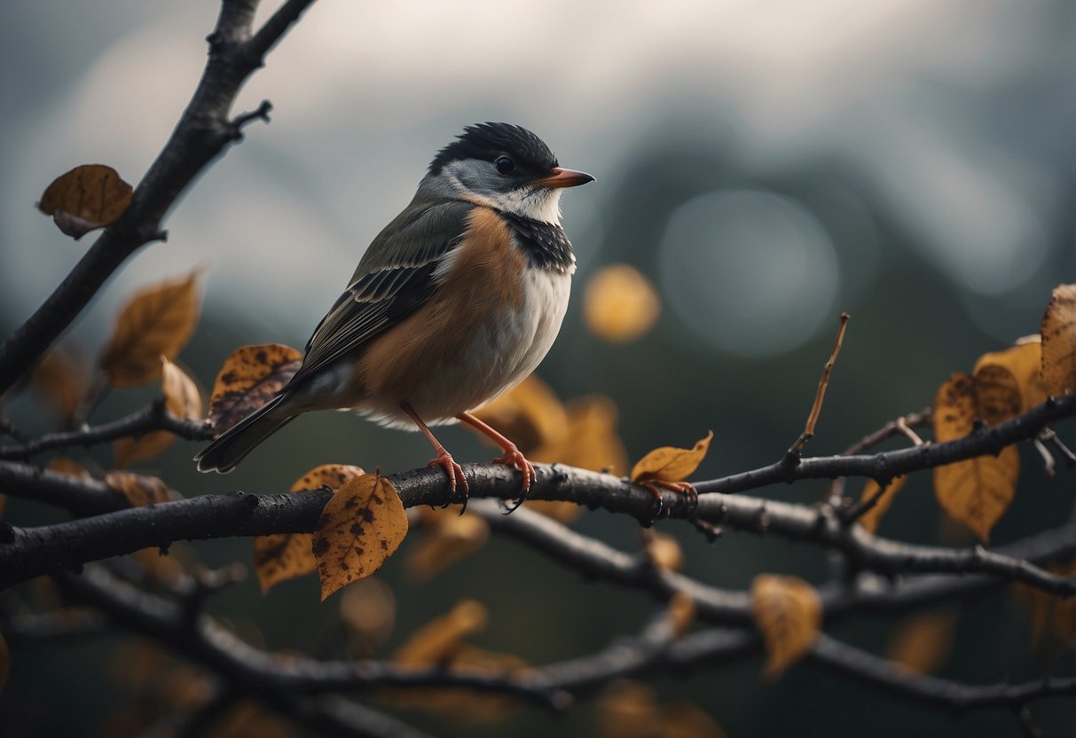 Birds perched on branches, as dark clouds gather. Wind rustles leaves. A bird watcher checks their emergency kit