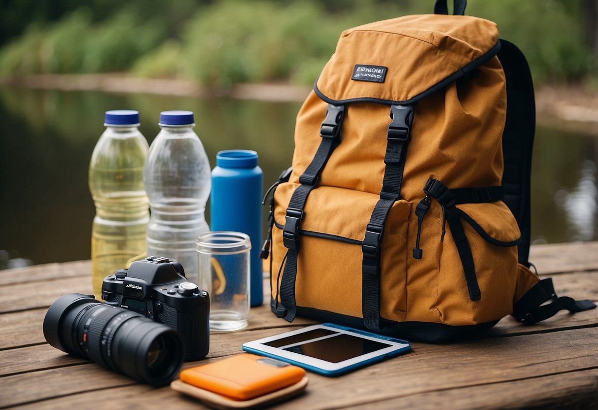 A backpack with water bottles and snacks sits next to a pair of binoculars and a bird watching guidebook