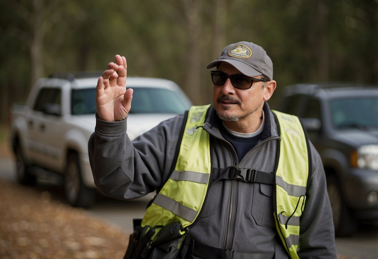 Birdwatcher signaling for help, using basic sign language. Emergency techniques demonstrated in outdoor setting