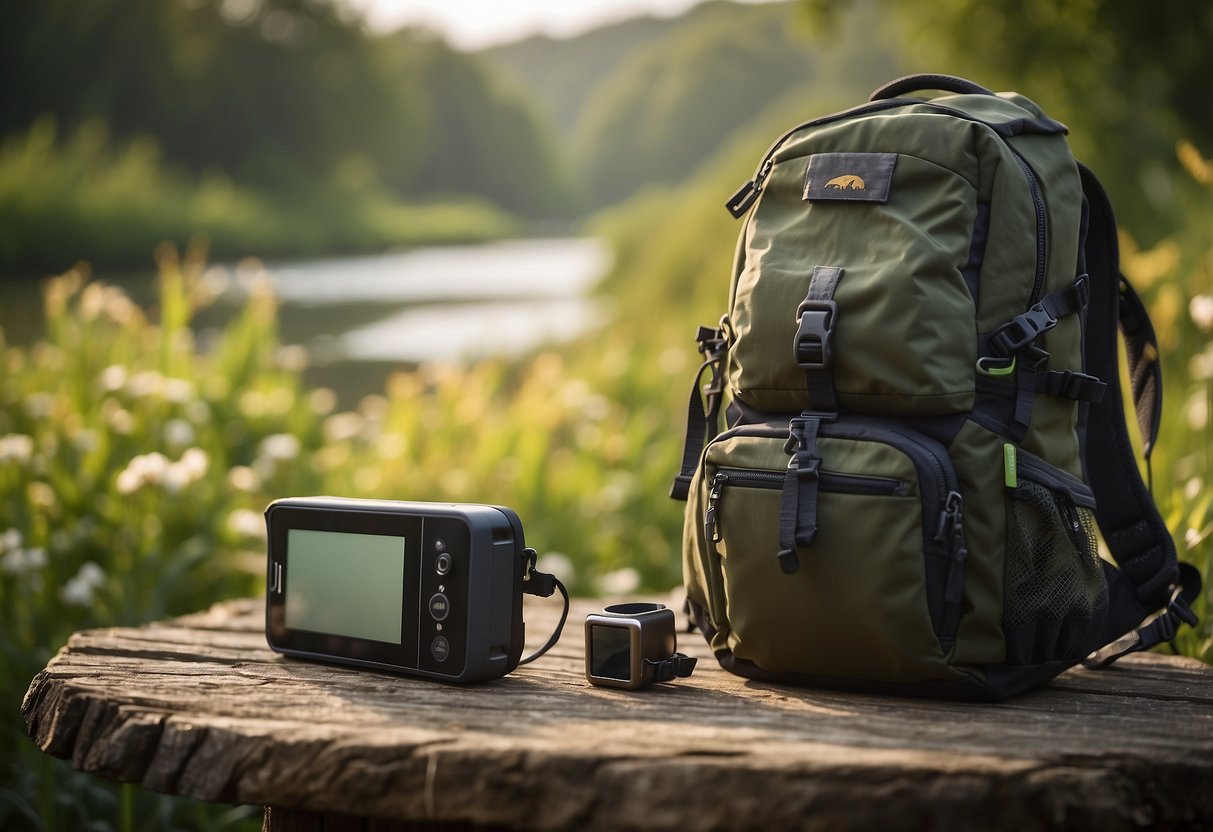 Birdwatching scene: A person's backpack with a solar-powered charger for devices, surrounded by birdwatching equipment and a tranquil natural setting